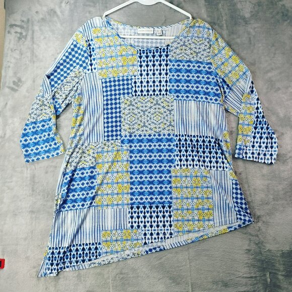 Susan Graver Womens Asymmetrical Hem Tunic Top Size L Blue Yellow Geometric - Picture 1 of 8